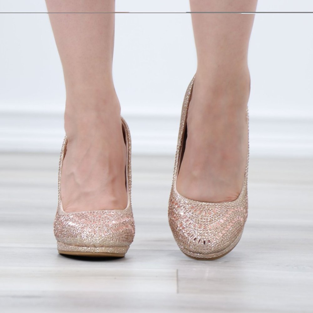 Sparkly Rose Gold Rhinestone Glitter Diamond Platform Slip On High Heel - Picture 9 of 14